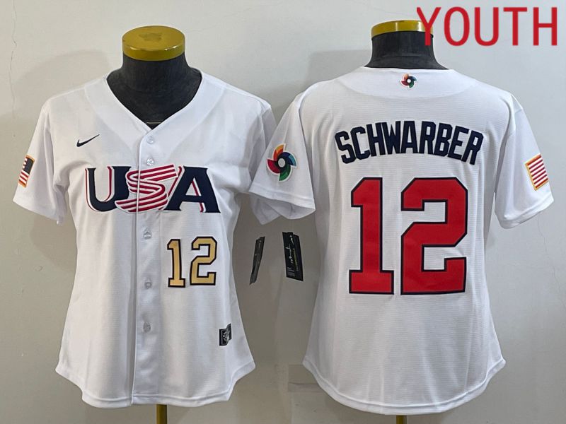 Youth 2023 World Cub USA 12 Schwarber White MLB Jersey